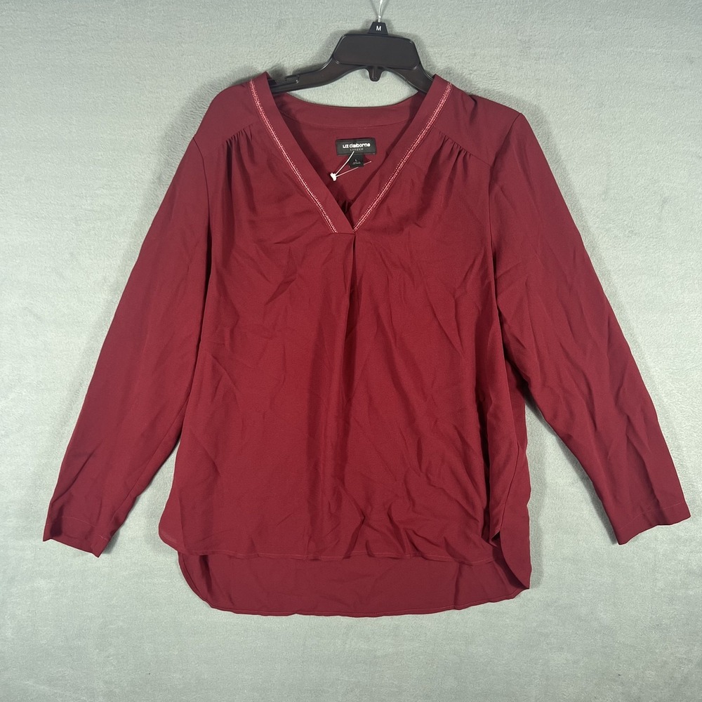 Liz Claiborne Career Women's Burgundy V-Neck Long Sleeve Blouse Top Size L